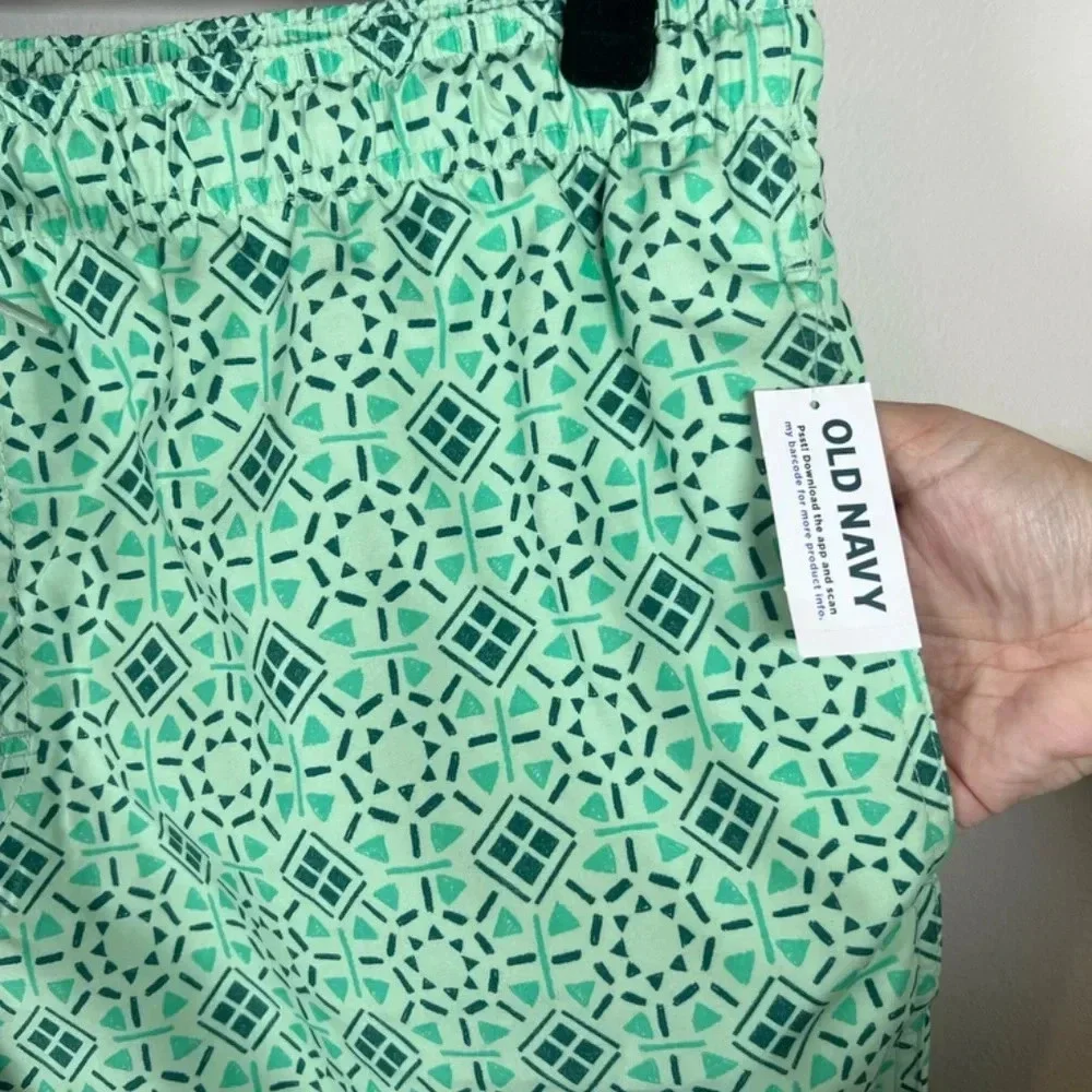 Old Navy Swim Shorts Aqua Green Geometric Print Brief Lined Trunks Summer NEW XL